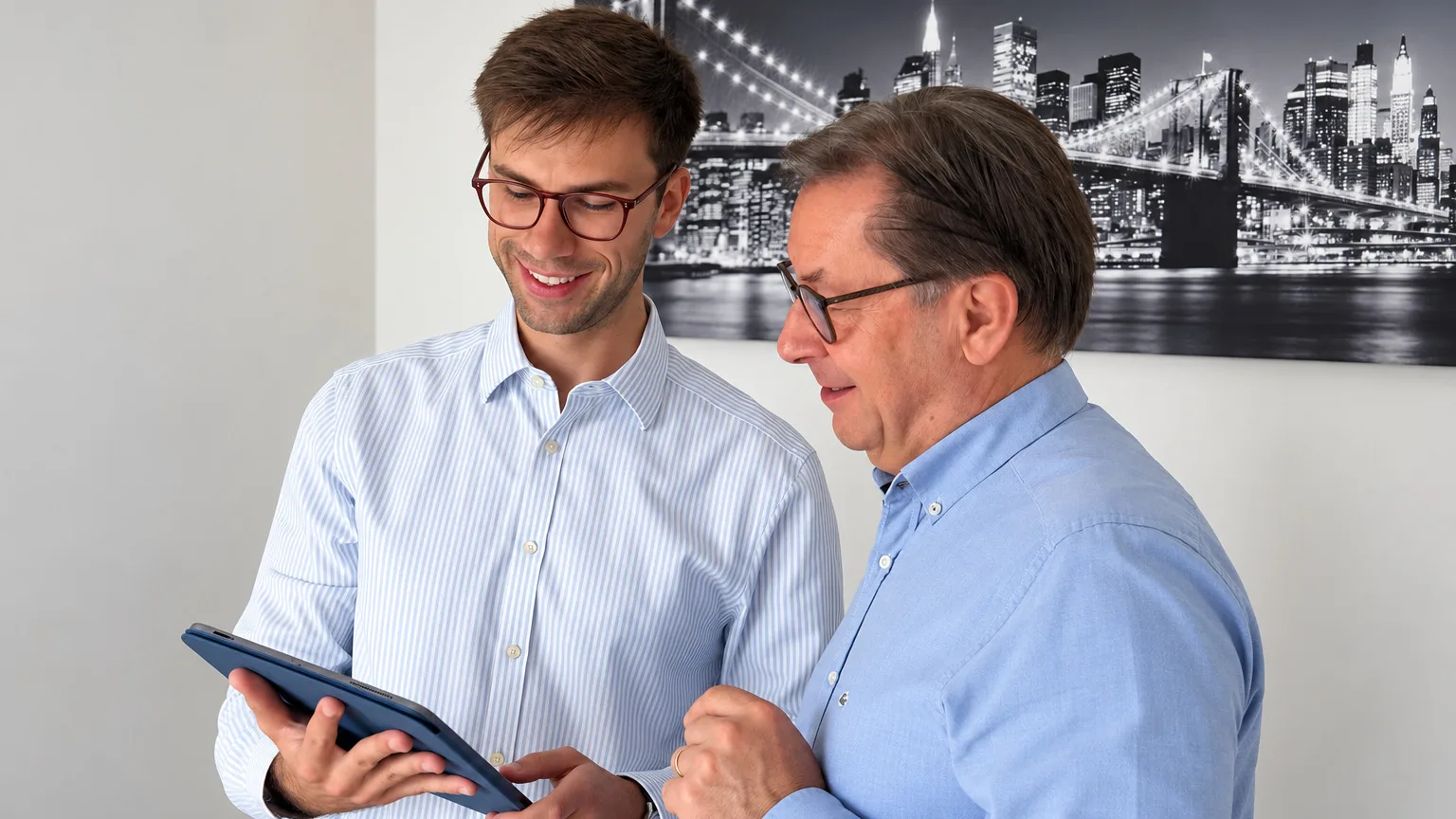 Felix Donder zeigt einem Kunden Unterlagen auf dem Tablet