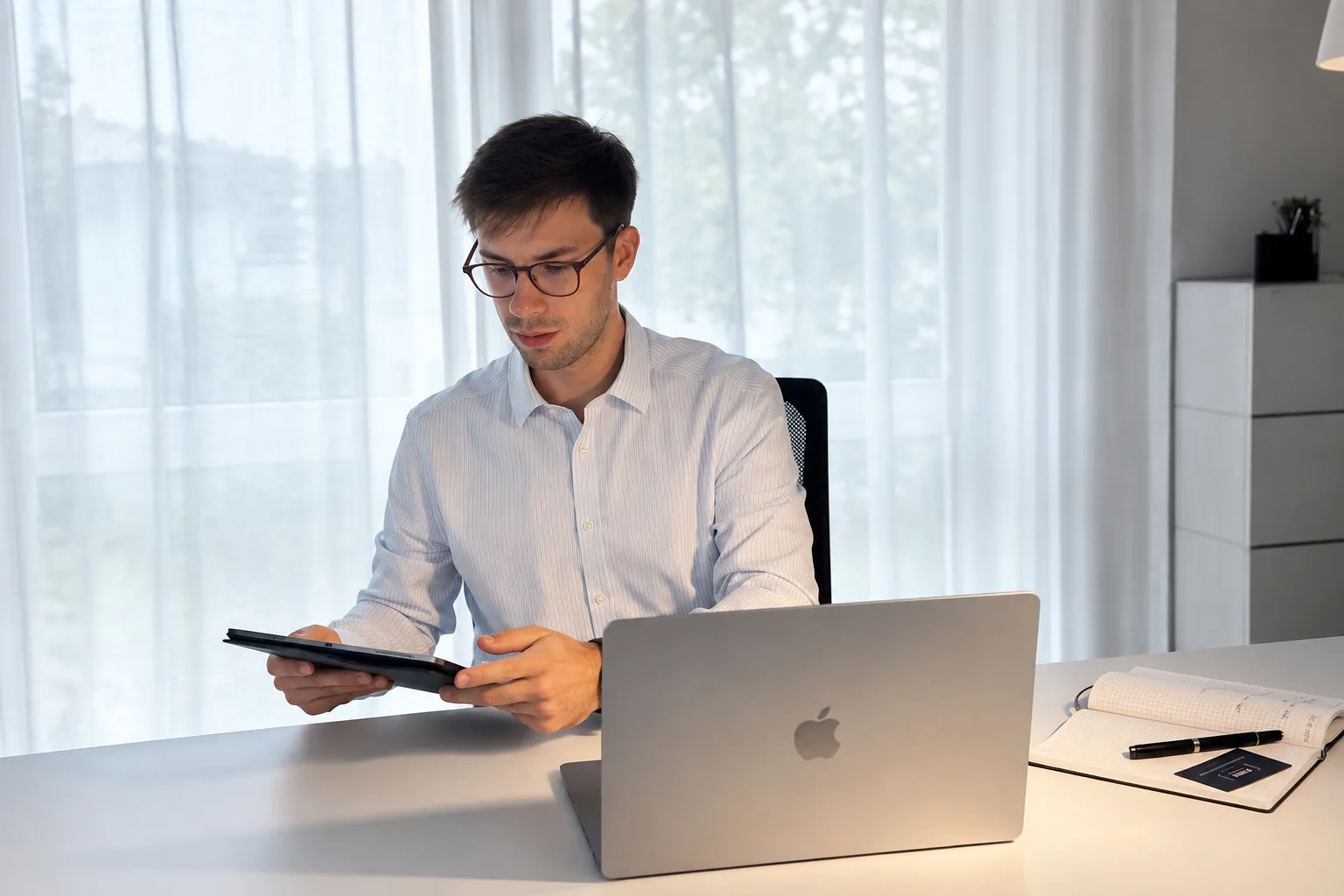 Felix Donder am Schreibtisch mit Tablet und Laptop